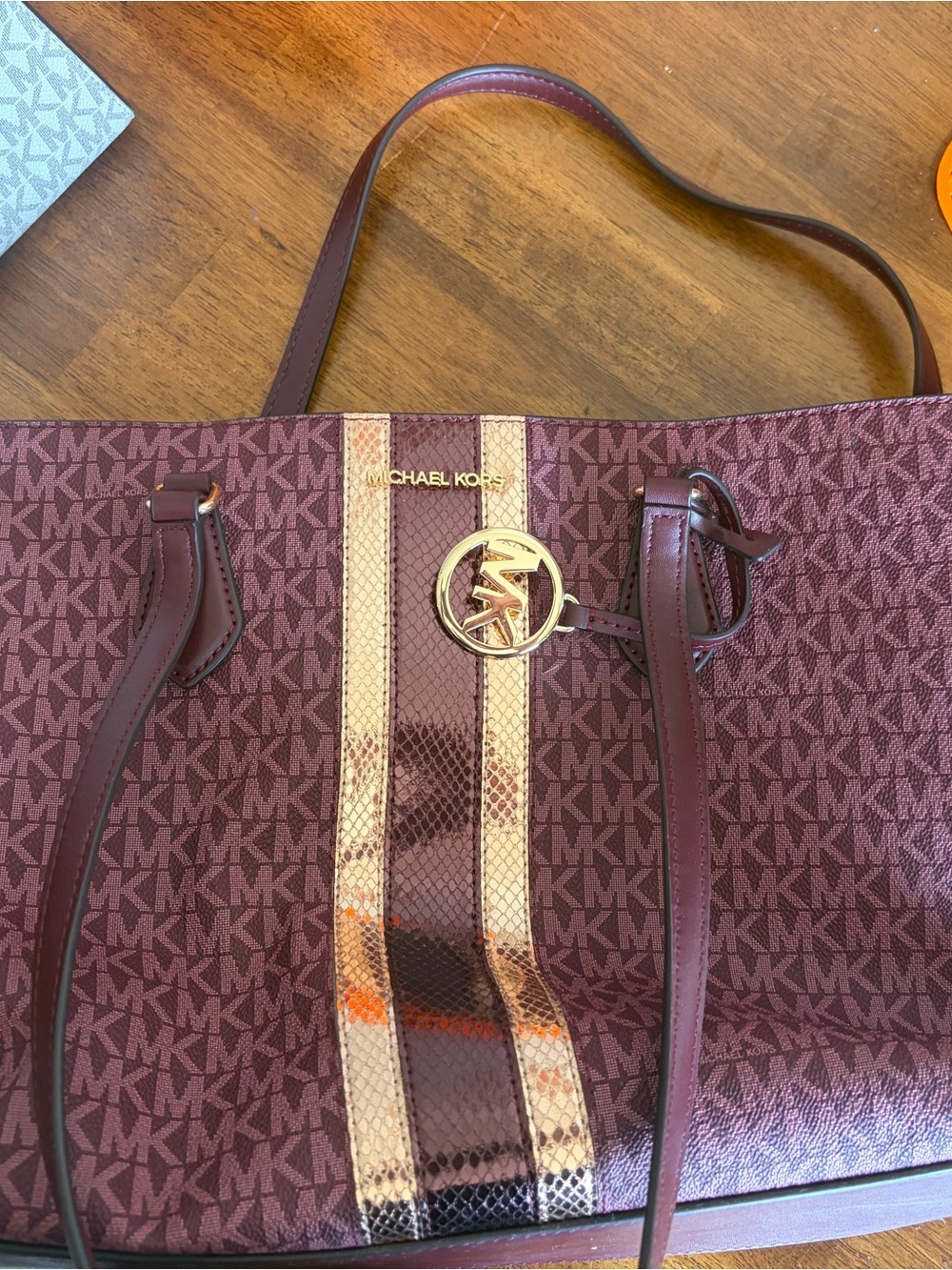 Michael Kors Burgundy and Gold Signature Tote